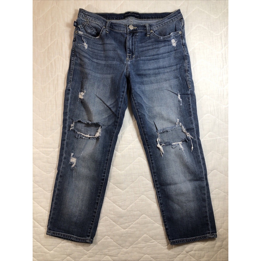 Rock & Republic Jeans Women's Size 12 Denim Boyfriend Indee Distressed